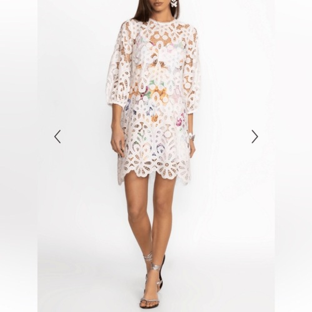 NWT Johnny Was Lisette Lace White Lace Mini Dress with Multicolor Lining size XS
